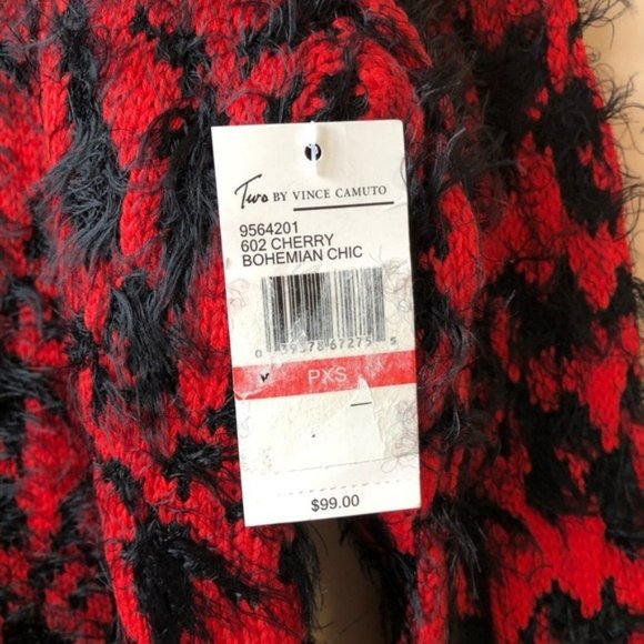 Two by Vince Camuto Animal Jacquard Sweater Fuzzy Black Red PXS - Picture 5 of 7